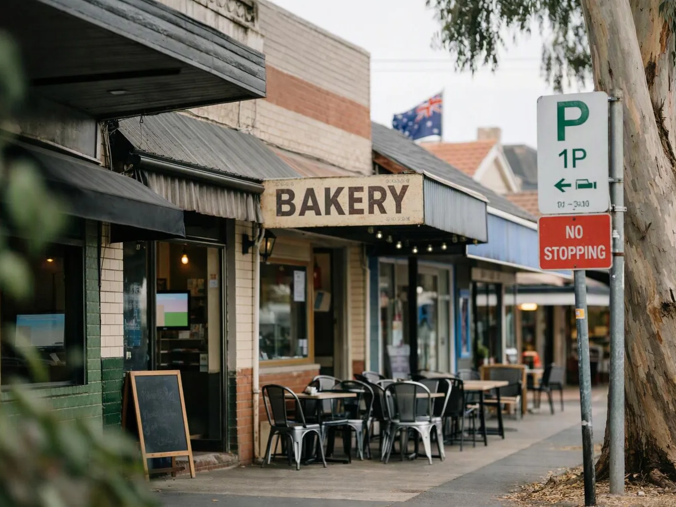 A bakery storefront with outdoor tables sits beside parking and no stopping signs on a quiet street
