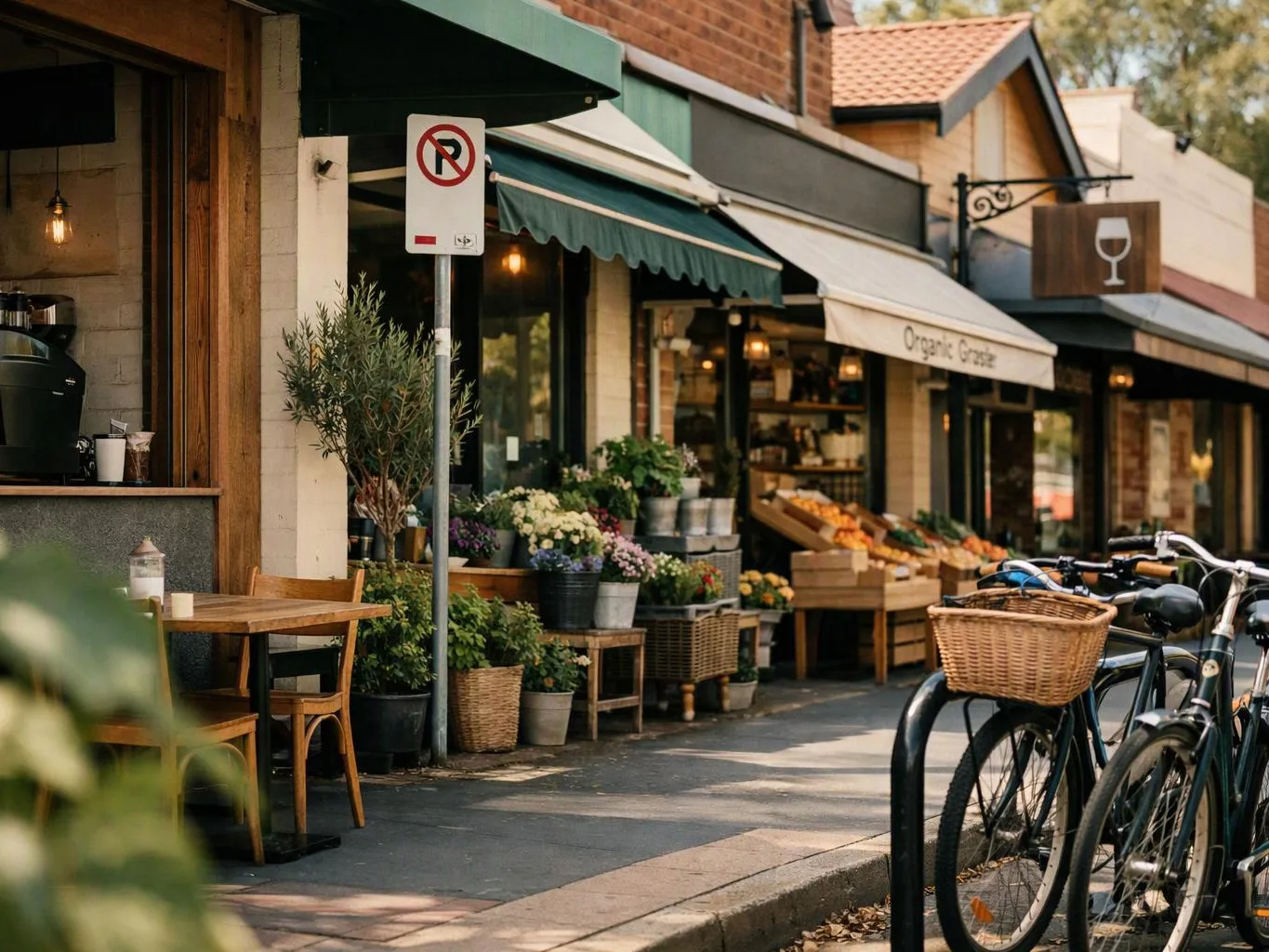 Bicycles rest beside a flower-lined storefront with awnings, outdoor tables, and a no-parking sign