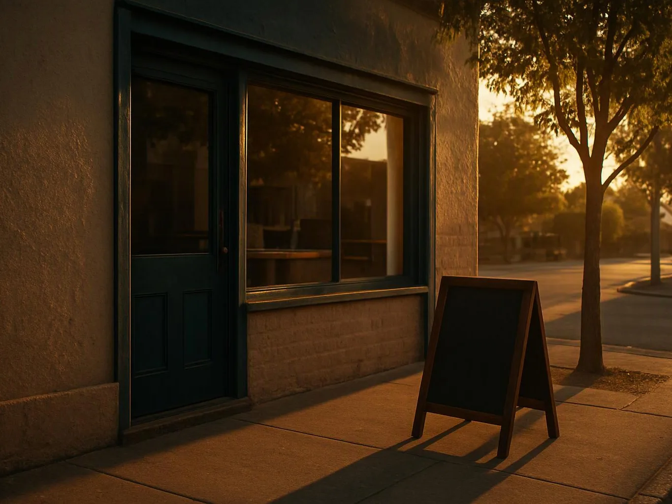 A blank sidewalk sign stands beside a closed storefront on a sunlit street at sunset