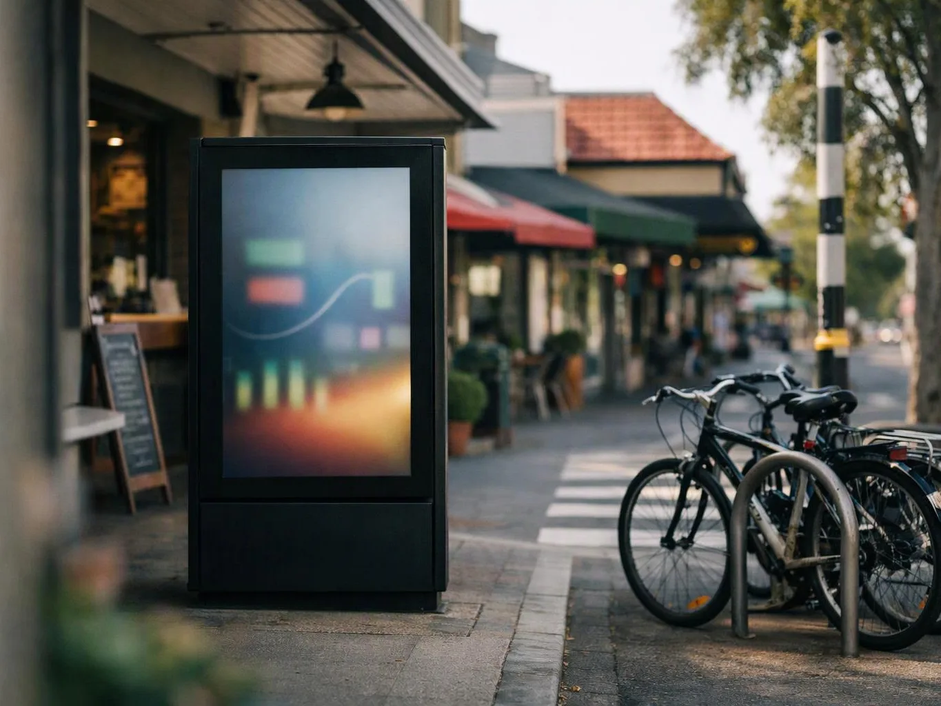 A blurred digital kiosk stands beside parked bicycles along a sunny sidewalk lined with storefronts