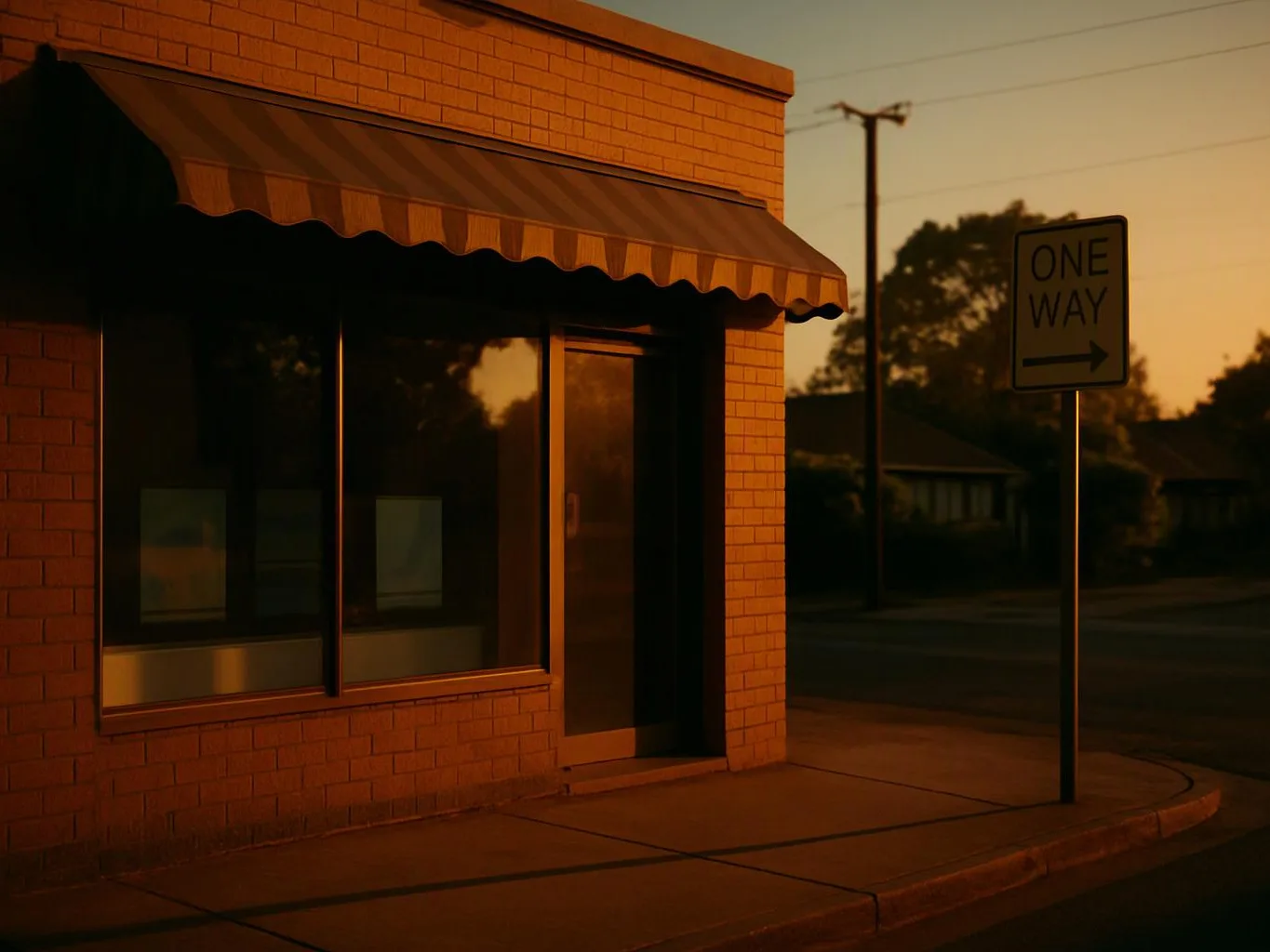 A brick storefront with a striped awning sits beside a street, and a one-way sign stands at the corner