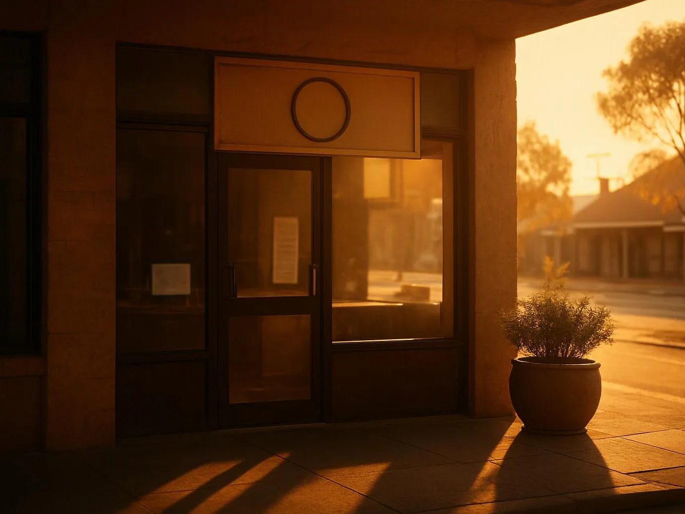 A closed storefront door sits in warm sunset light beside a potted shrub on the sidewalk