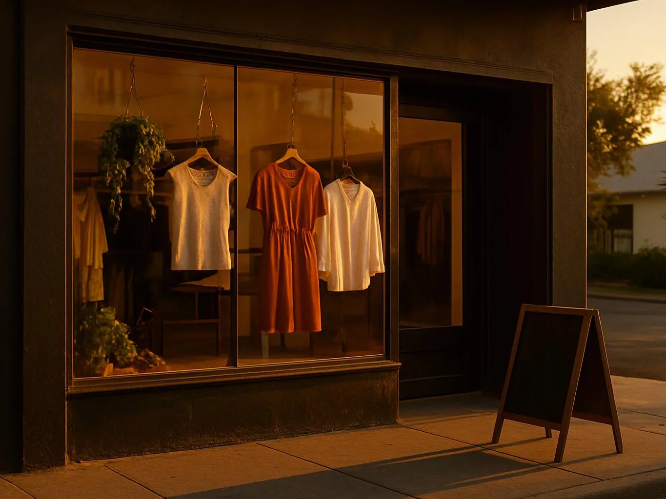 A clothing boutique window shows hanging dresses and tops beside a blank sidewalk sign at sunset