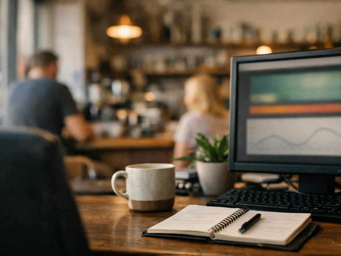 A coffee mug, open notebook, and keyboard sit on a wooden desk in a busy café