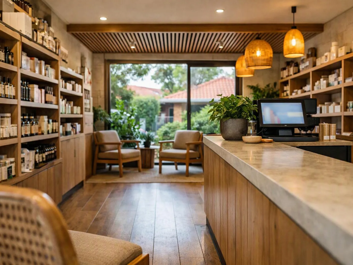 A cozy shop interior has wooden shelves, a checkout counter, two chairs, and a window to a garden