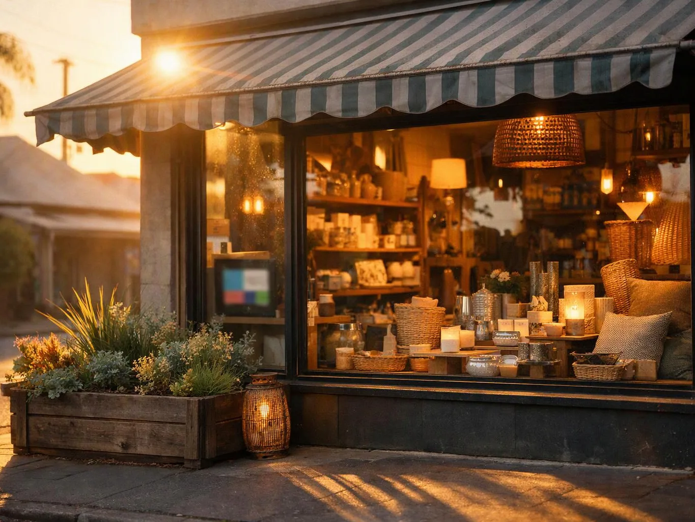 A cozy shop window glows at sunset, with candles, woven baskets, and plants outside under a striped awning