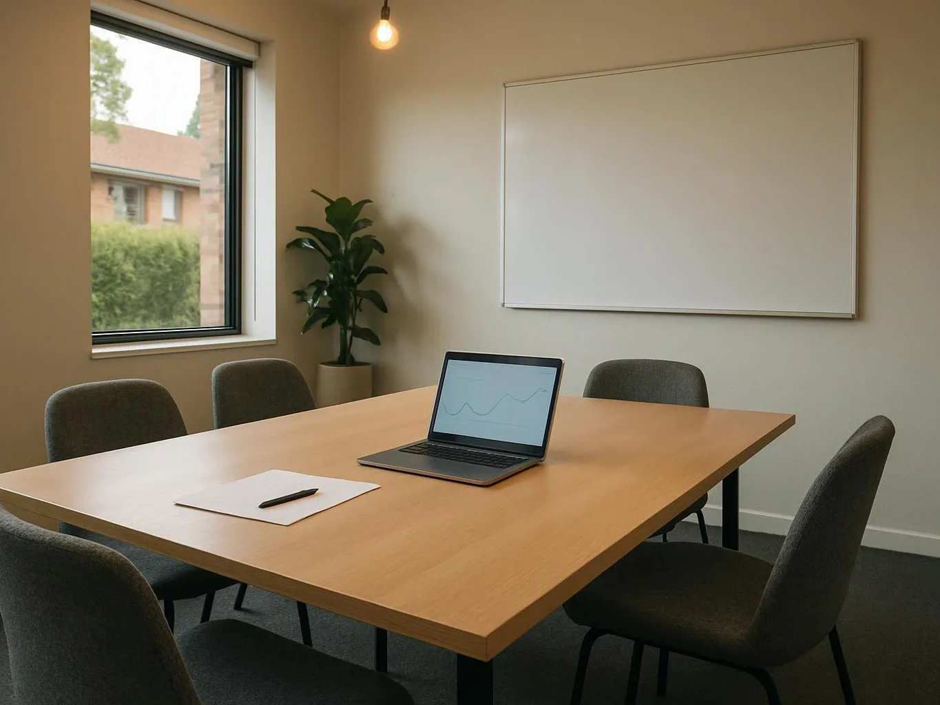 An empty meeting room has a wooden table, chairs, a laptop, a notepad, a whiteboard, and a window