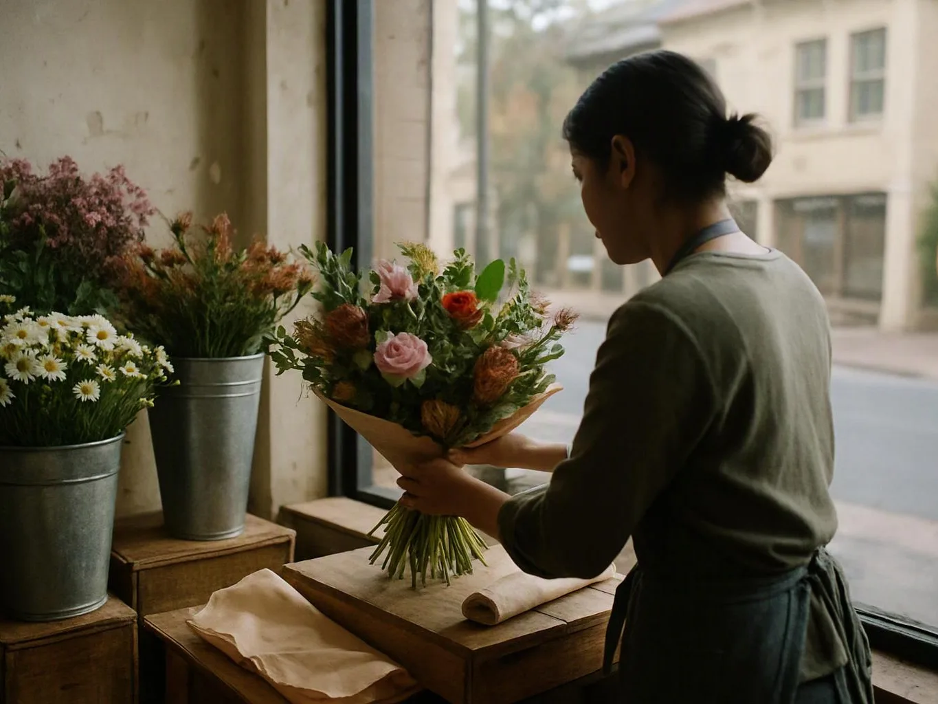 A florist arranges a colourful bouquet by a window beside metal buckets of flowers