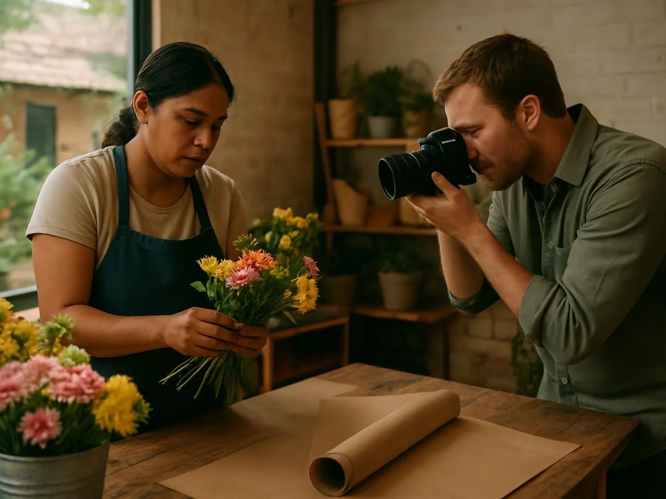 A florist arranges colorful flowers while a man photographs the bouquet at a wooden worktable indoors