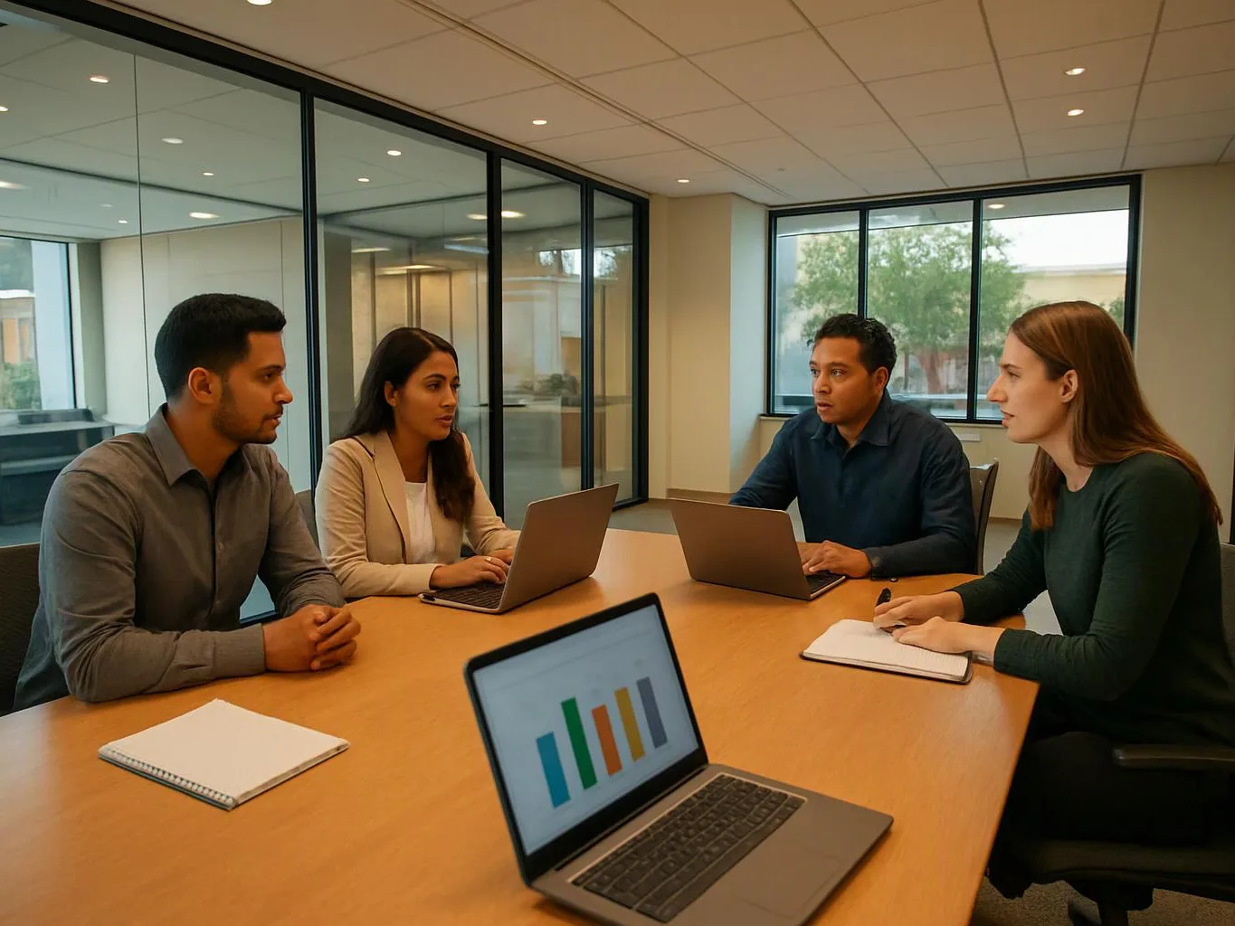 Four coworkers sit around a conference table, talking with laptops and notebooks in a glass-walled meeting room