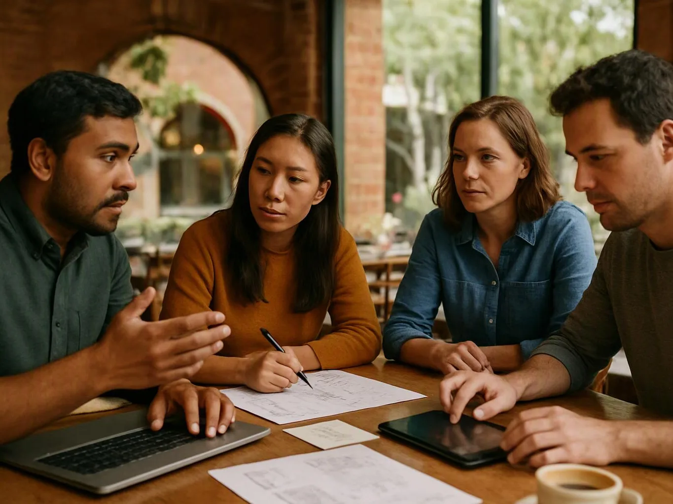 Four people sit around a table, discussing notes and pointing at a laptop and tablet in a cafe