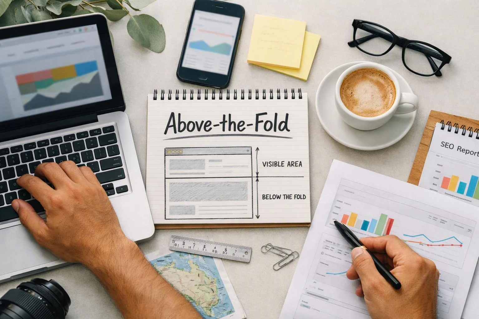 Hands and office tools surround a notebook labeled “Above-the-Fold” beside charts, a laptop, phone, coffee, and glasses