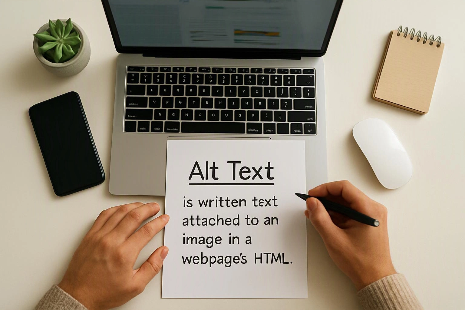 Hands write on a card beside a laptop, phone, plant, mouse, and notebook on a desk, with text about alt text visible