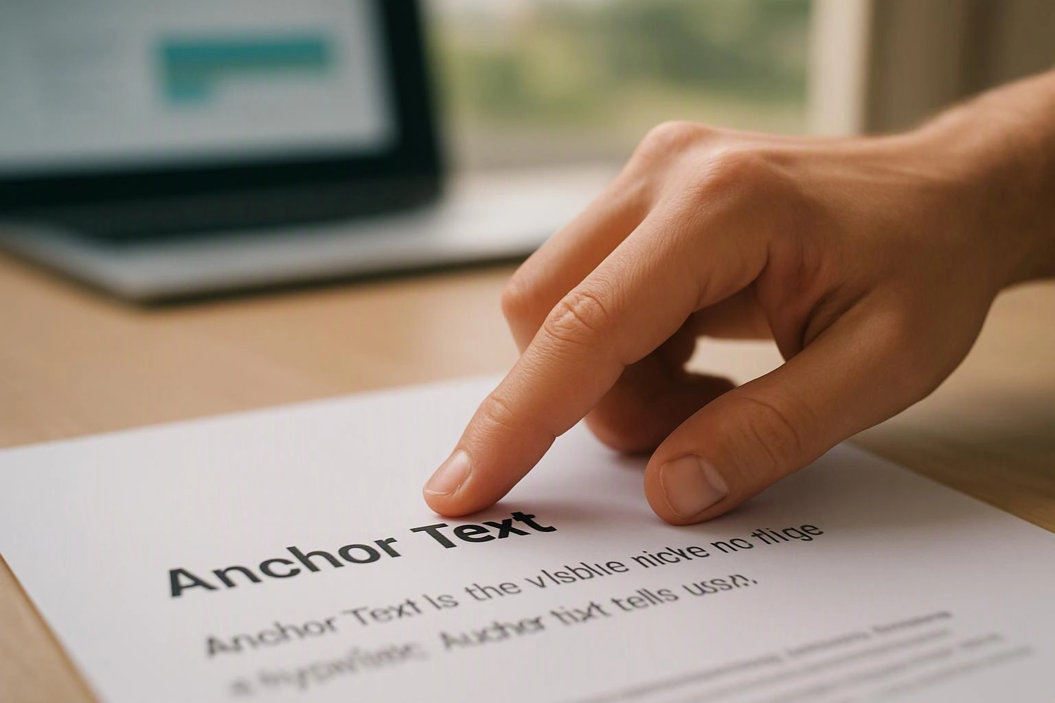 A hand points to printed words on a paper sheet beside a blurred laptop on a desk