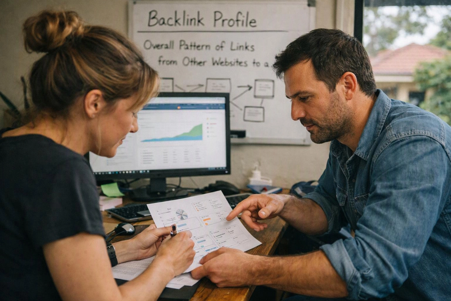 Two coworkers study printed charts at a desk, with a computer and whiteboard behind them