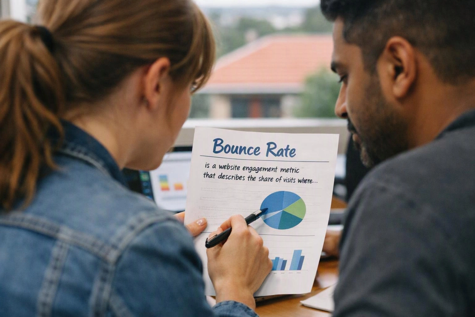 Two coworkers review a printed chart about bounce rate at a desk with a laptop and window behind them
