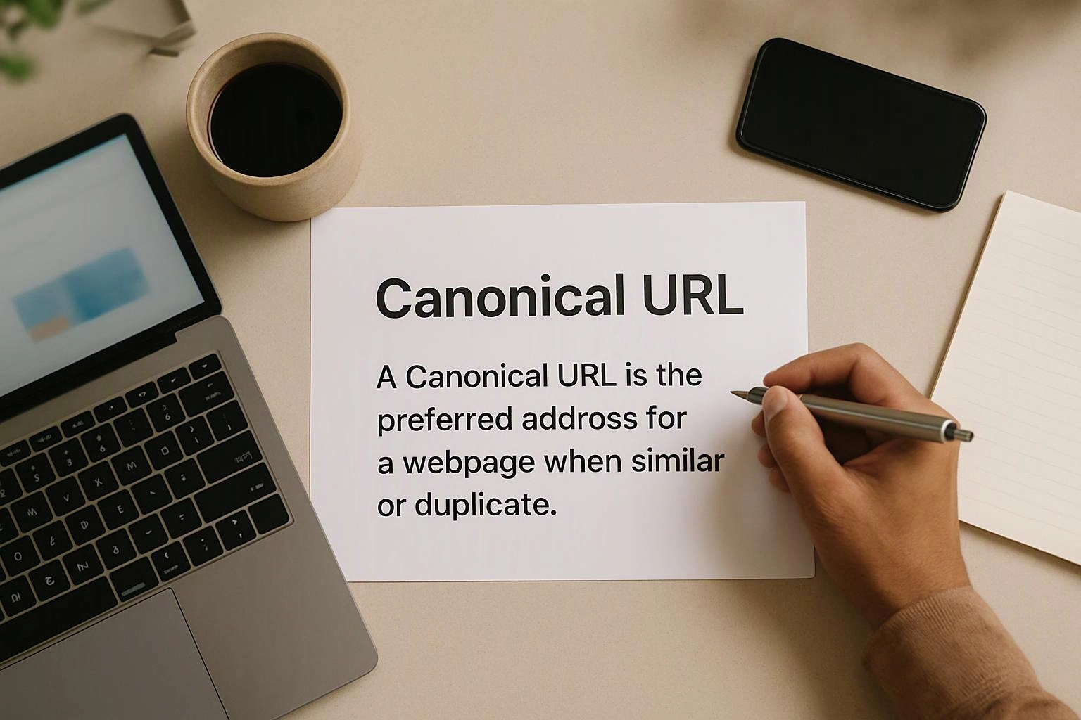 A hand writes beside a paper titled Canonical URL on a desk with a laptop, coffee, phone, and notepad