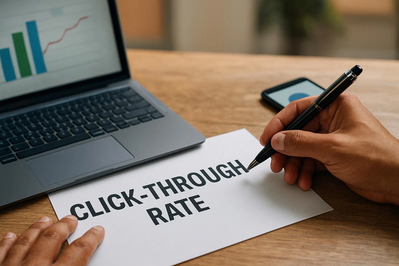 A hand writes on a paper labeled “CLICK-THROUGH RATE” beside a laptop with charts on a wooden desk