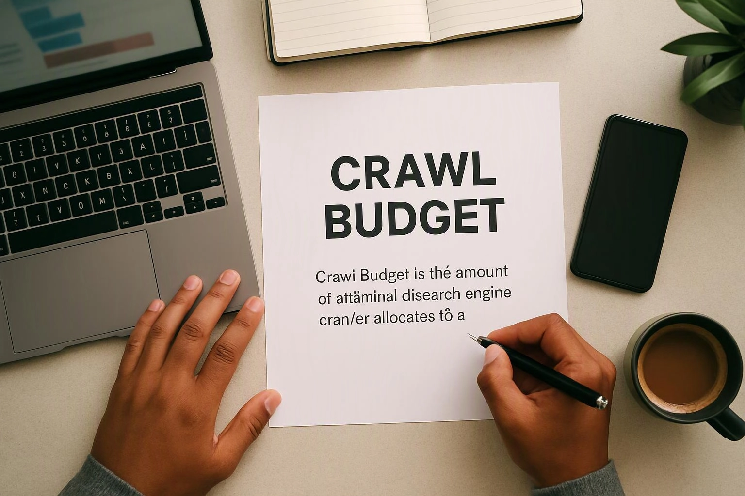 Hands hold a pen over a paper titled “CRAWL BUDGET” on a desk with a laptop, phone, notebook, and coffee cup
