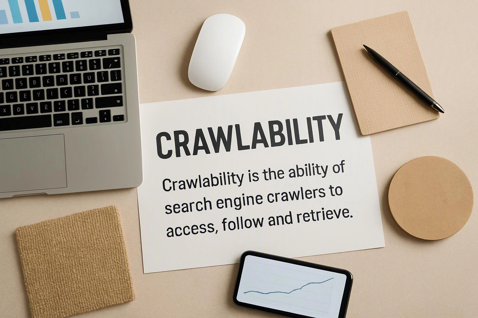 A desk layout shows a laptop, mouse, notebook, phone, and a paper with the word “CRAWLABILITY” and a definition