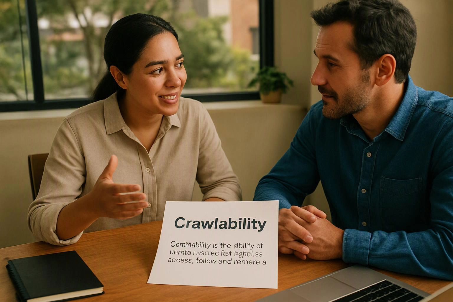 Two people talk across a table beside a sign that reads “Crawlability” in a bright room