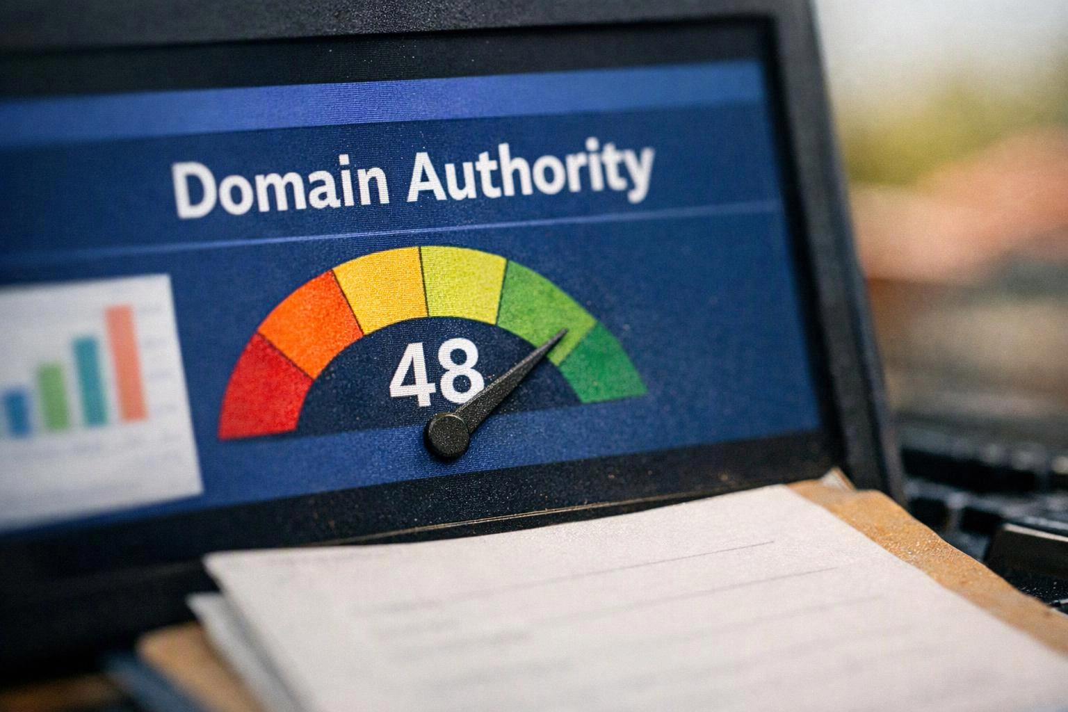 A laptop screen shows a domain authority gauge reading 48 beside a blurred chart and papers in the foreground