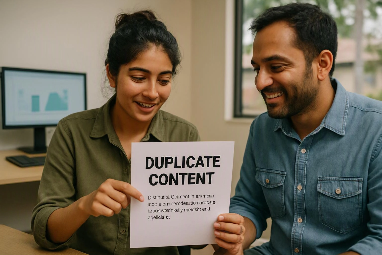 Two people smile at a printed page reading “DUPLICATE CONTENT” in an office setting
