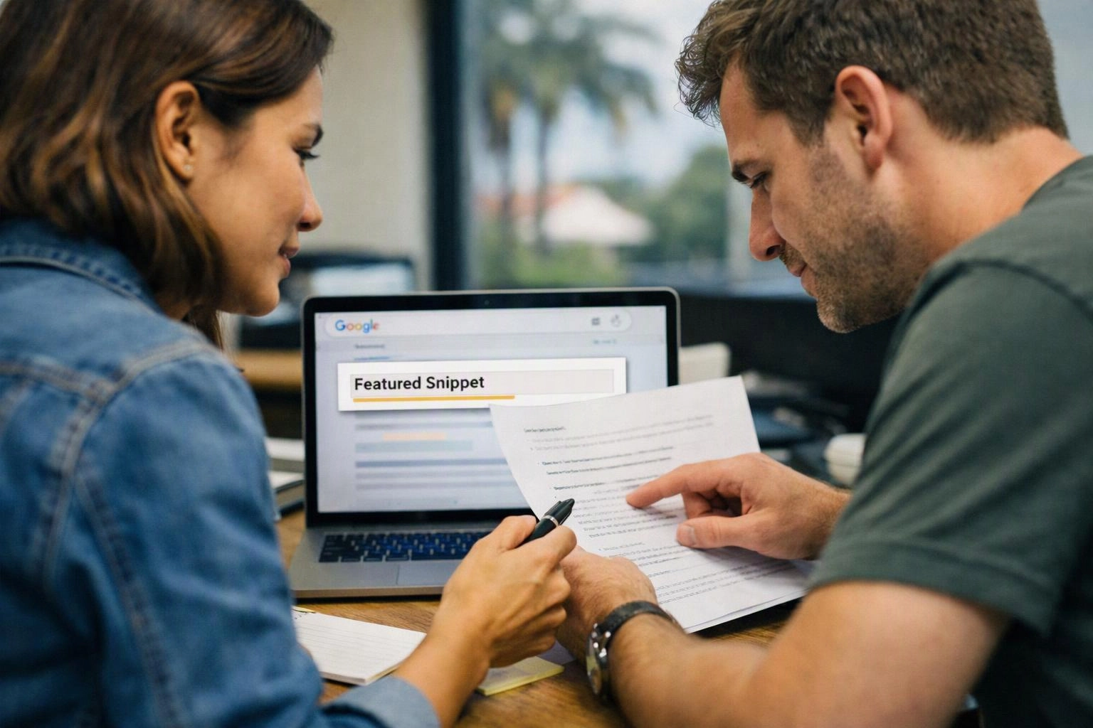 Two people review printed pages beside a laptop showing a search result with “Featured Snippet” on screen