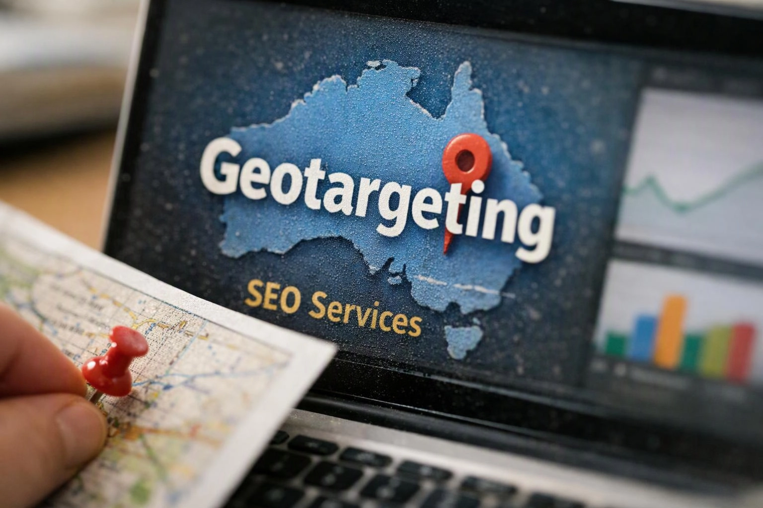A hand pins a map in front of a laptop showing the word Geotargeting and SEO Services