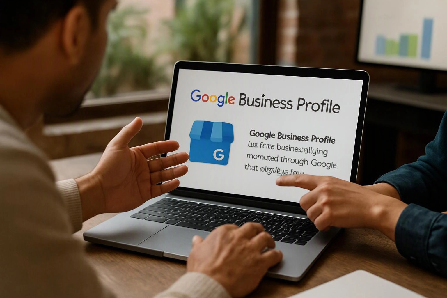 Two people gesture at a laptop showing a Google Business Profile page in an indoor office setting