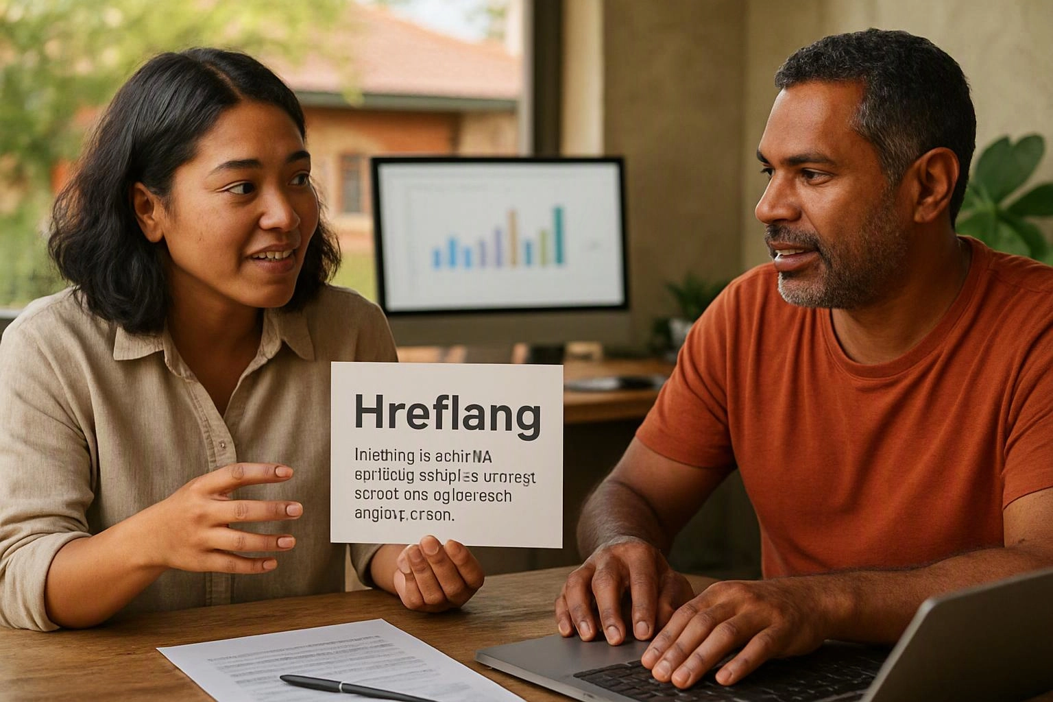 Two people discuss a printed card labeled “Hreflang” at a desk with a laptop and chart in the background