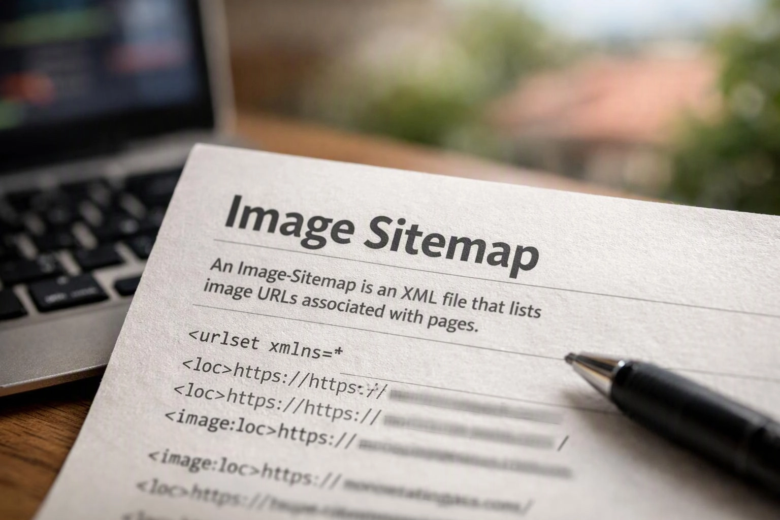 A printed page titled Image Sitemap lies beside a laptop, with a pen pointing at XML code on a desk