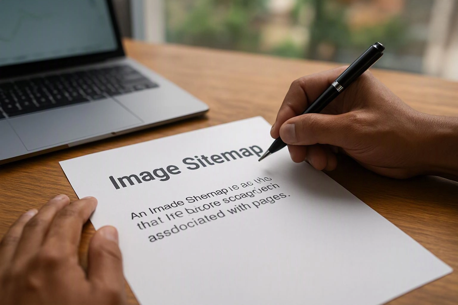 A hand writes on a paper titled Image Sitemap beside an open laptop on a wooden desk