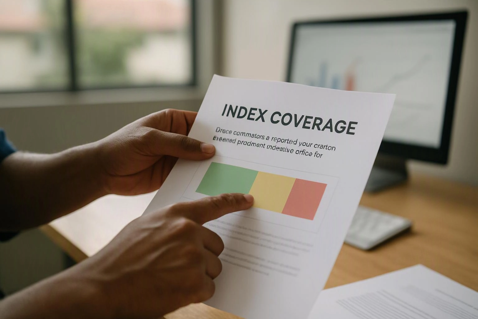 Hands point to a printed sheet labeled “INDEX COVERAGE” beside a desk monitor in an office-like room