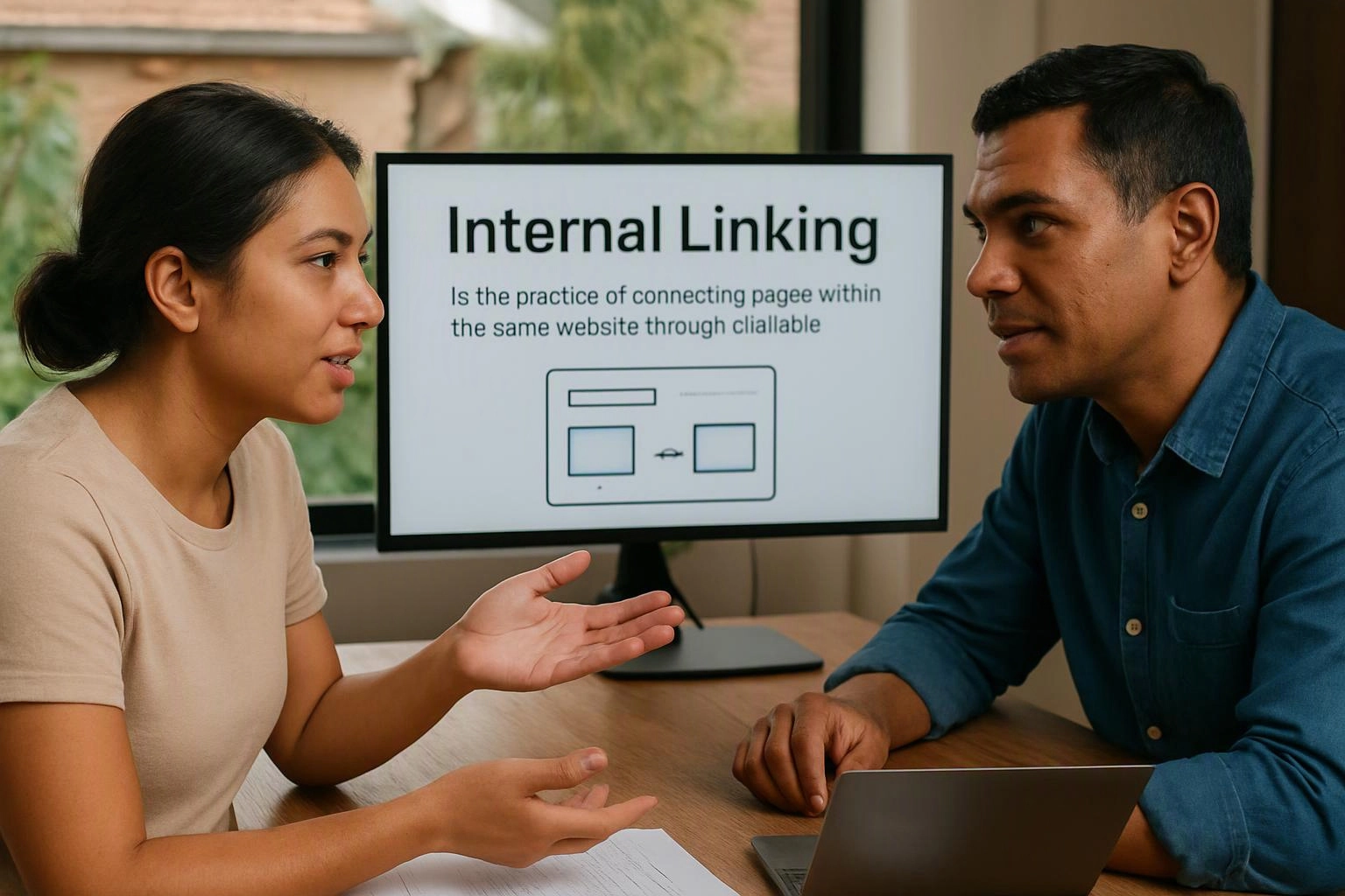 Two people talk at a table beside a monitor showing an internal linking slide