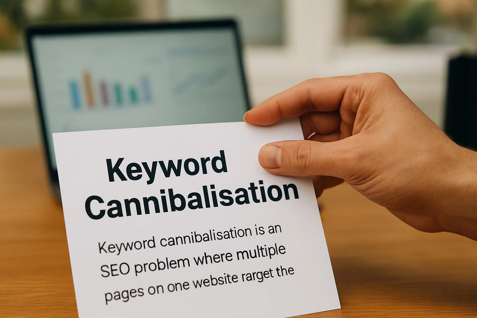 A hand holds a card reading "Keyword Cannibalisation" in front of a blurred laptop on a desk