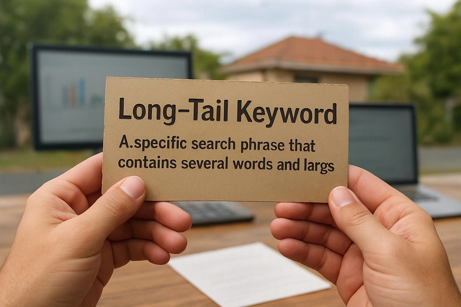 Hands hold a card reading "Long-Tail Keyword" in front of blurred laptops and a house-like outdoor backdrop