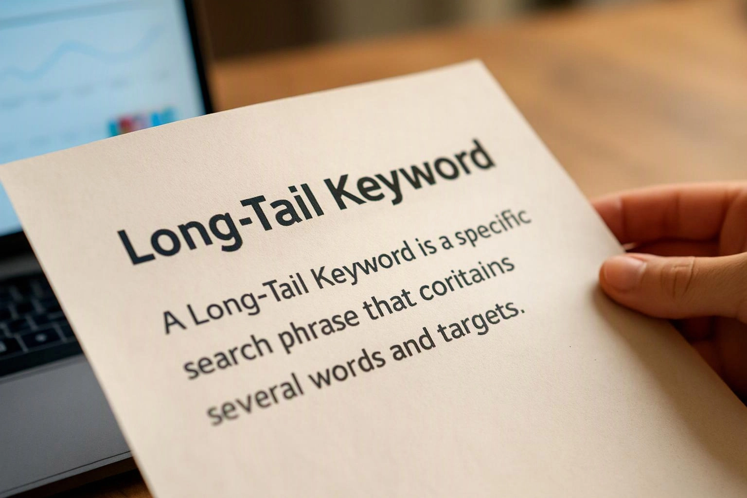 A hand holds a printed page titled “Long-Tail Keyword” beside a blurred laptop on a desk