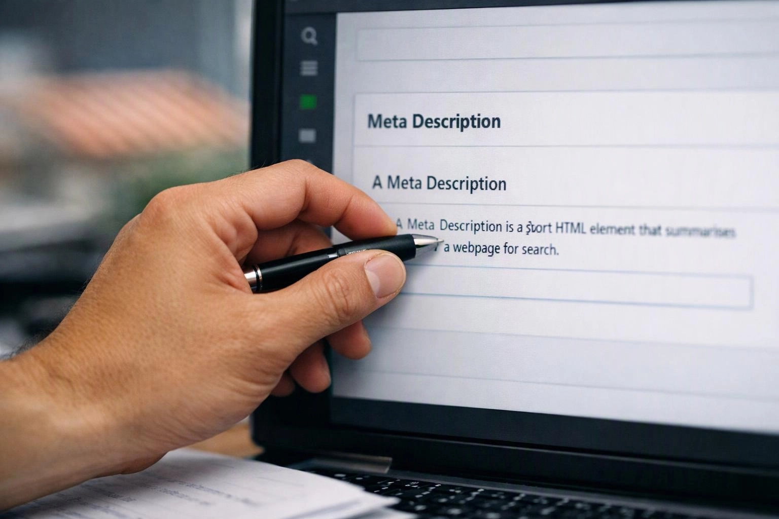 A hand points a pen at a laptop screen showing a page about meta descriptions