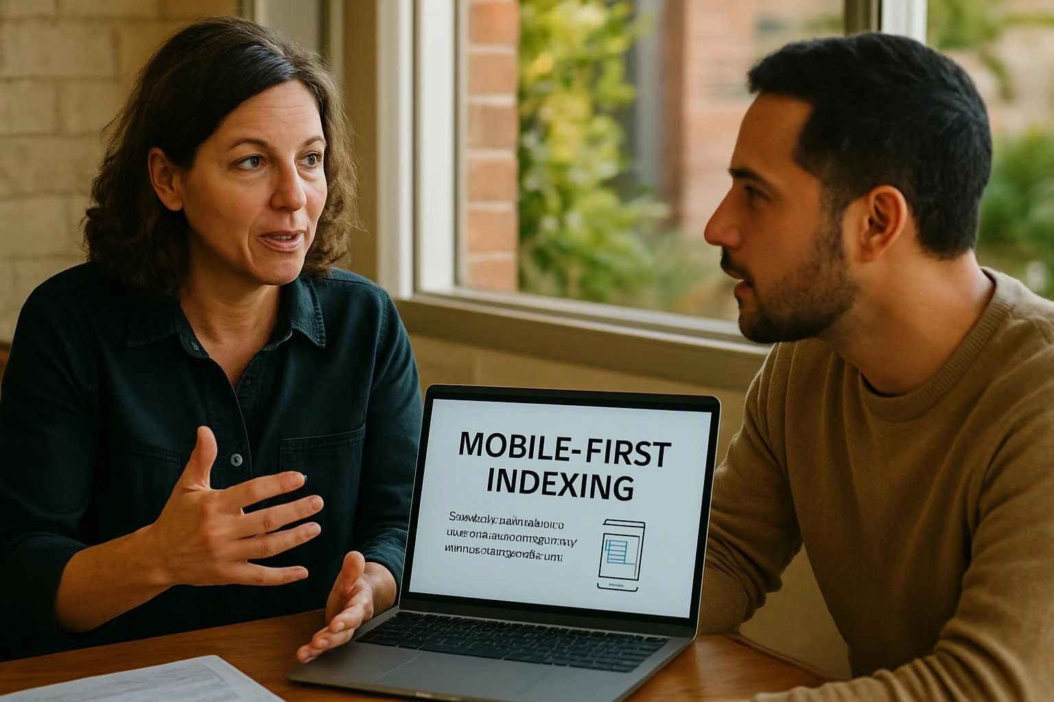 Two people talk at a table beside a laptop showing “MOBILE-FIRST INDEXING” in a bright room