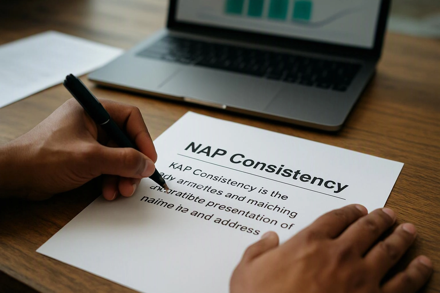 Hands write on a paper labeled “NAP Consistency” beside a laptop on a wooden desk
