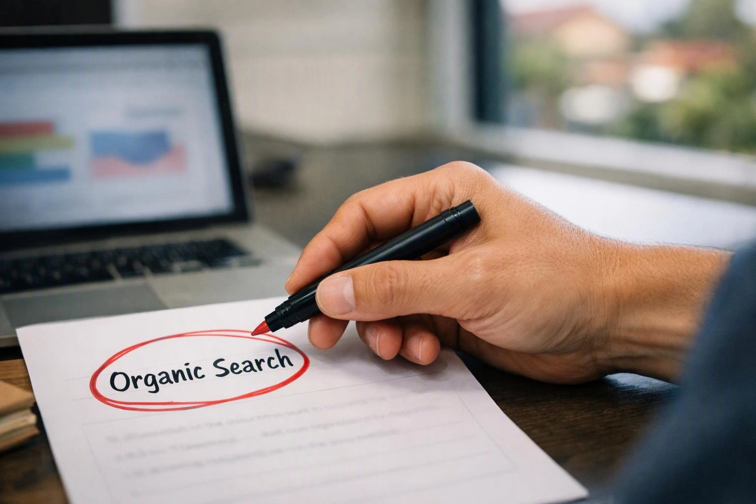 A hand circles the words “Organic Search” on a paper beside a laptop on a desk