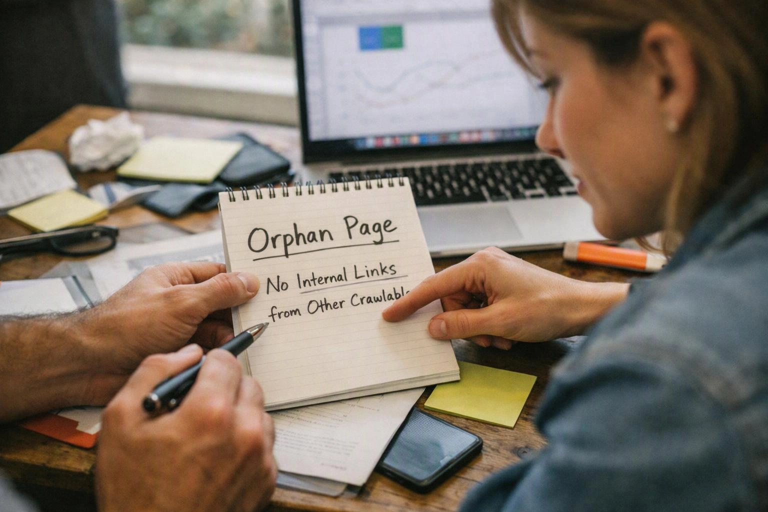 Two people point at a notepad reading "Orphan Page" beside a laptop on a cluttered desk