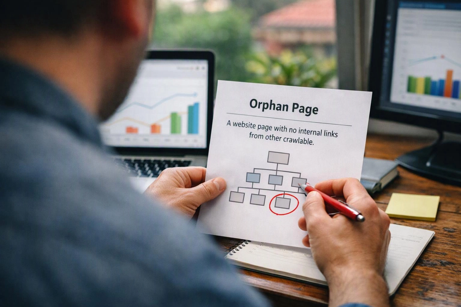 A person at a desk holds a paper titled Orphan Page and marks a box in a link diagram with a red pen