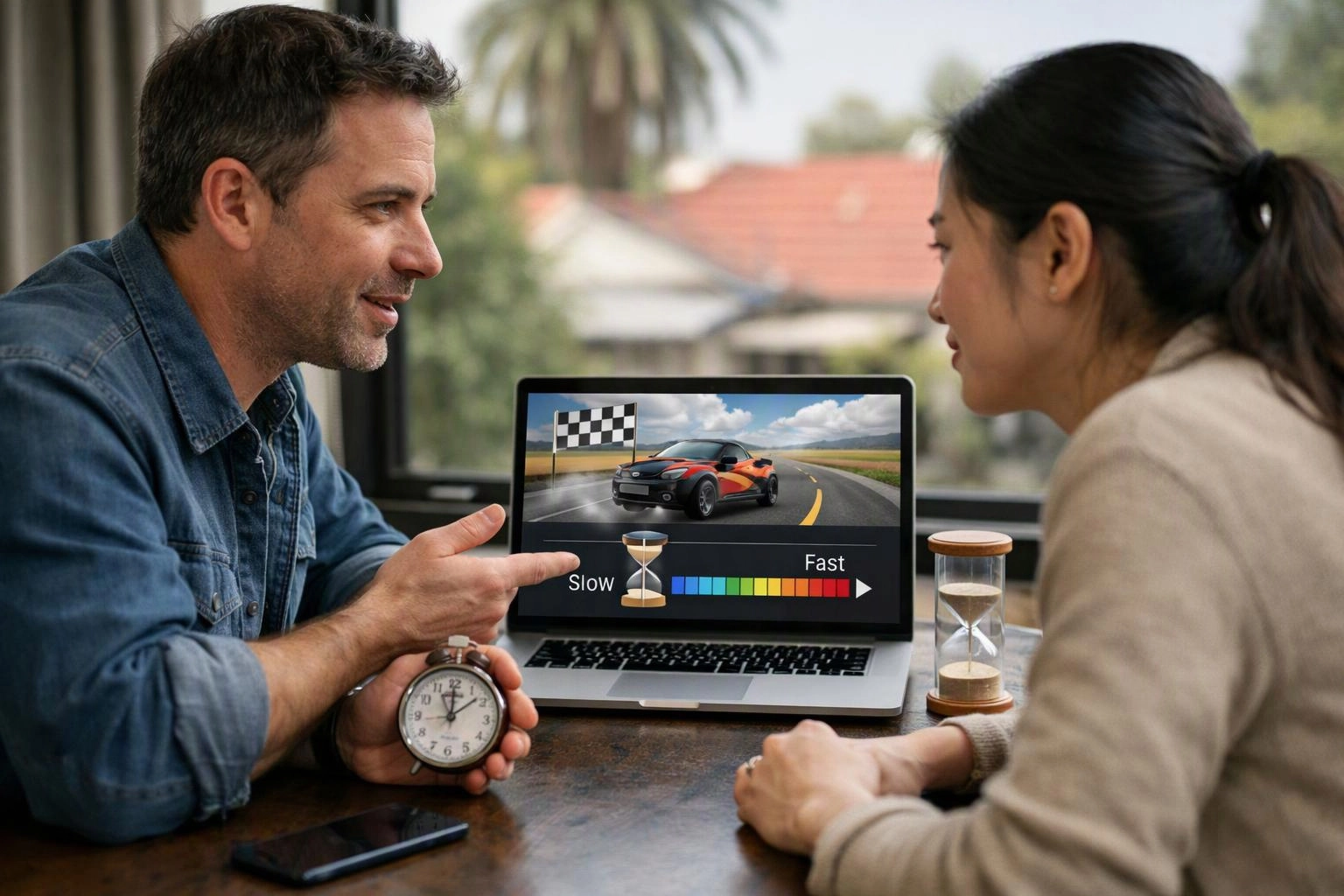 Two people discuss a laptop showing a racing car with a slow-to-fast speed graphic at a table