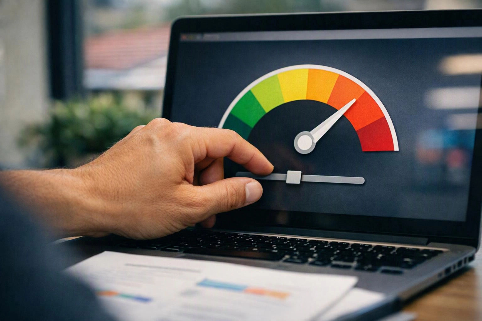 A hand adjusts a speed gauge graphic on a laptop screen in a blurred office setting