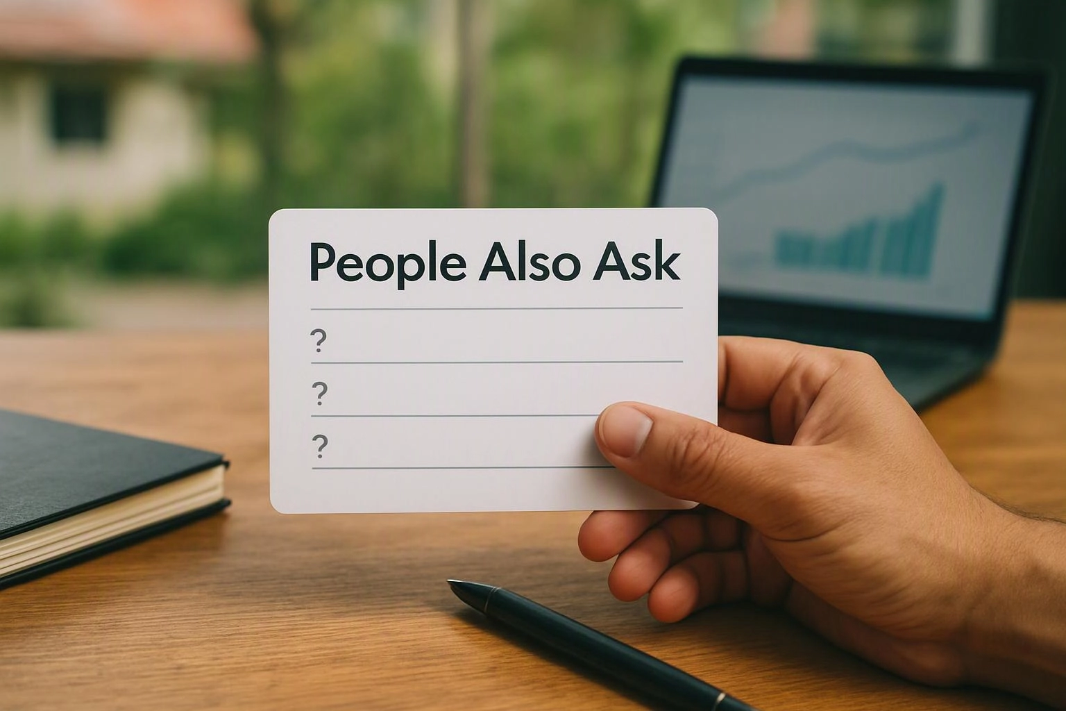 A hand holds a card reading "People Also Ask" over a desk with a laptop and notebook