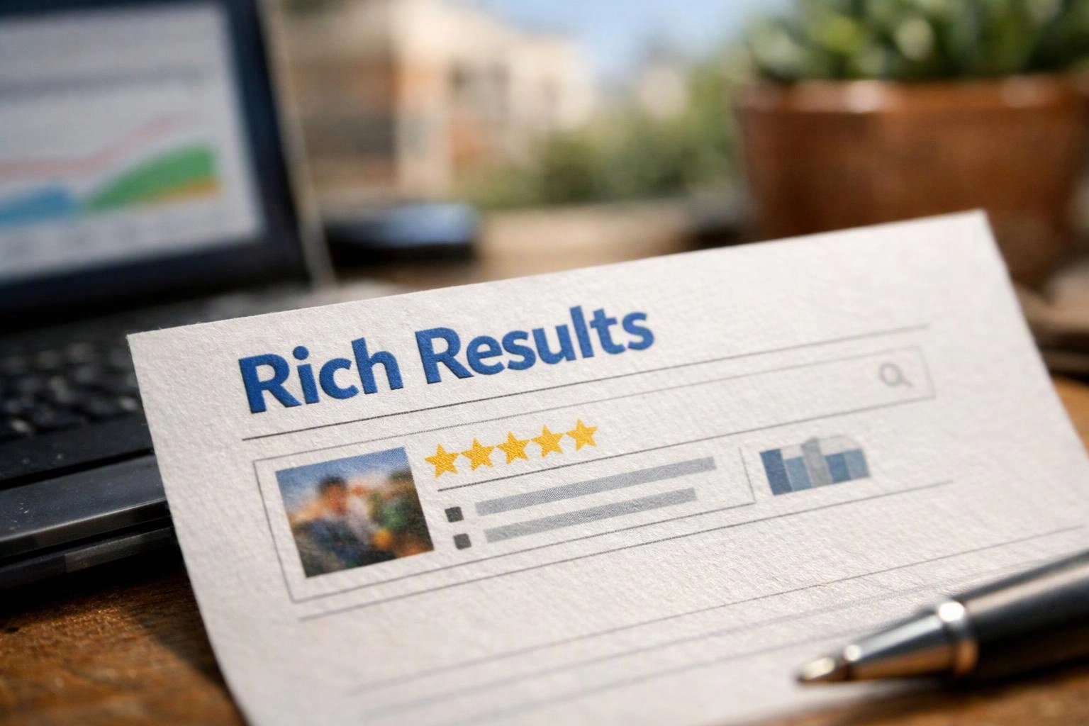 A printed page shows “Rich Results” above a mock search listing with star ratings on a desk near a laptop and pen