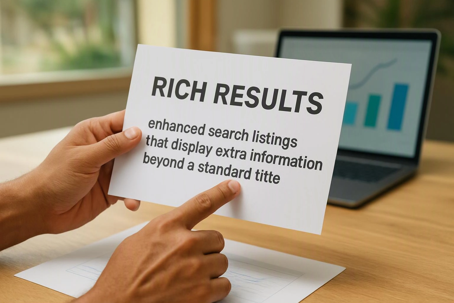 Hands hold a card reading “RICH RESULTS” in front of a laptop with a chart on its screen