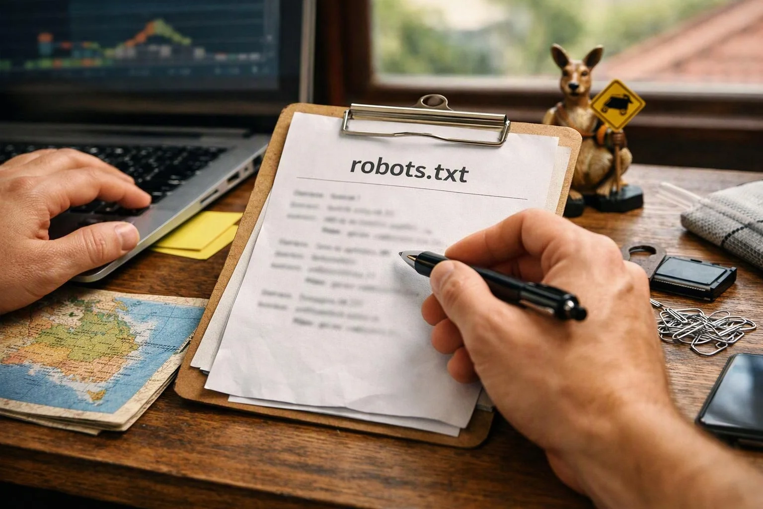 Hands write on a clipboard labeled robots.txt beside a laptop, map, and desk items